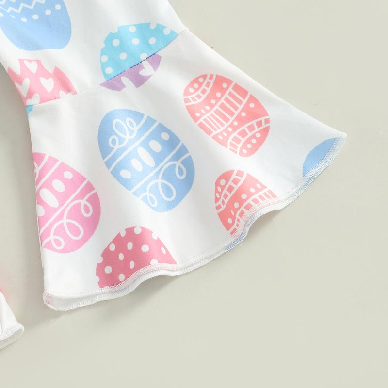 Girls Easter Outfit 6 9 12 18 24Months 2t 3t 4t Short Sleeve Tractor Print T-shirt with Eggs Print Flare Pants and Headband Summer Outfit