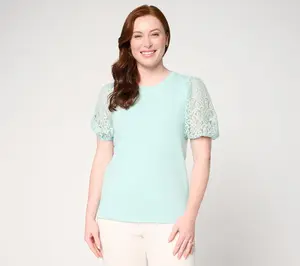 BEAUTIFUL by Lawrence Zarian Crew Neck Elbow Lace Sleeve Top