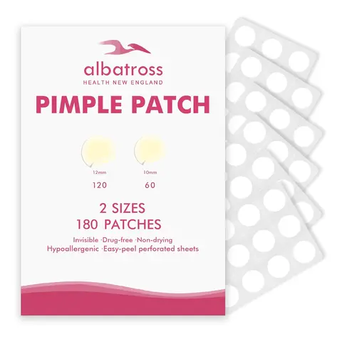 Albatross Health Hypoallergenic Acne Treatment Pimple Patches - 180 Discreet Acne Dots, 2 Sizes, Perforated Sheet, Pus-Absorbing, Rapid Soothing, Moist Healing, Skin Repair, Date Night Temporary Face Solution