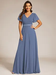 Ever-Pretty Pleated A-Line Chiffon Formal Evening Dress with Short Sleeves and Sequin Waist Maxi Floor-Length Workwear Basic Glitter Metallic Minimalist 11981