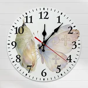 10" Watercolor Butterfly Wall Clock, Silent Non-Ticking Religious Decor with Cross Design, Inspirational Wall Art for Home