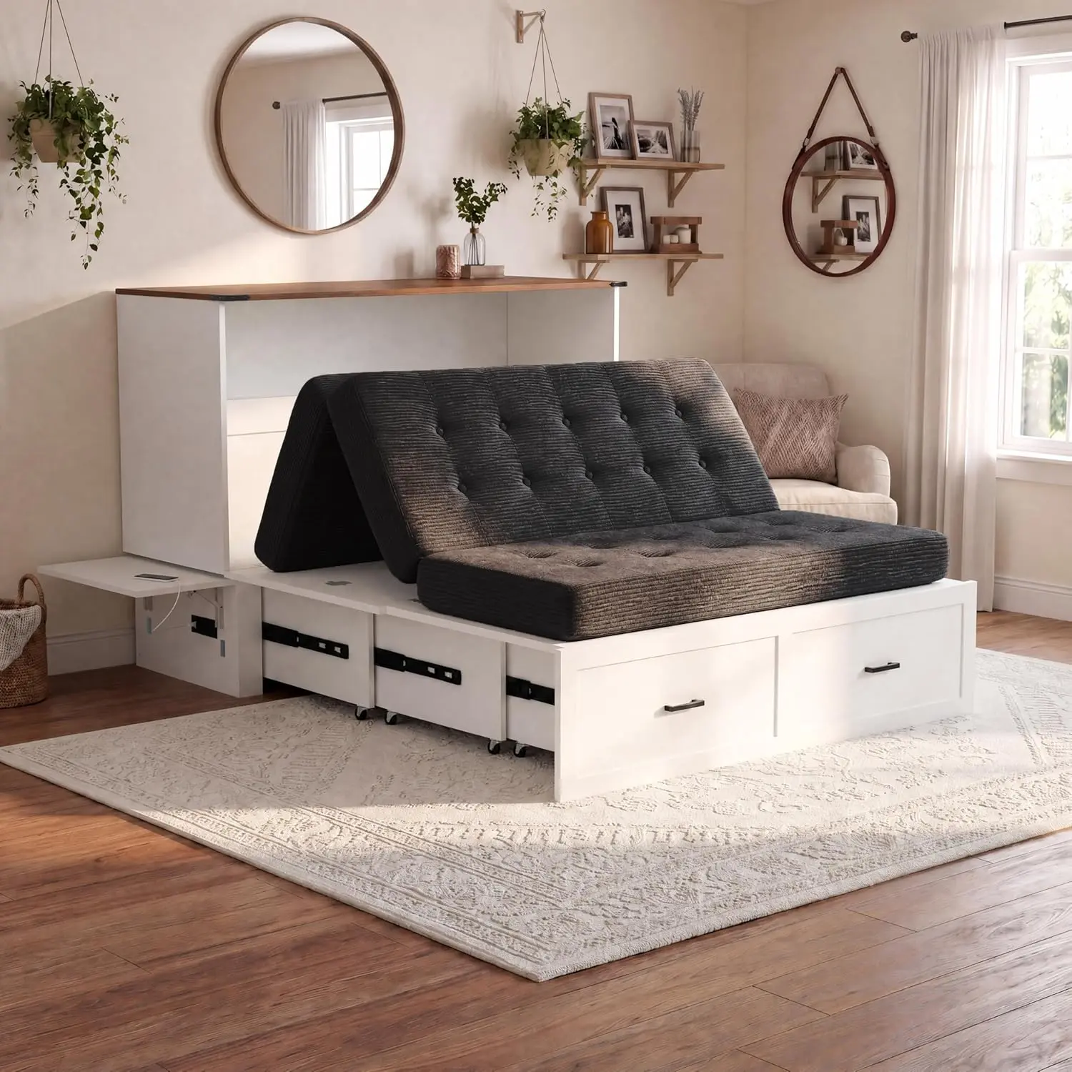 Queen Murphy Bed with Storage & Charging Station, Farmhouse Cabinet Bed with Foldable Panel, Noiseless Hideaway Platform Bed for Living Room, Guest Bedroom, Home Office – White With Black/Green Mattress