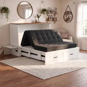 Queen Murphy Bed with Storage & Charging Station, Farmhouse Cabinet Bed with Foldable Panel, Noiseless Hideaway Platform Bed for Living Room, Guest Bedroom, Home Office – White With Black/Green Mattress