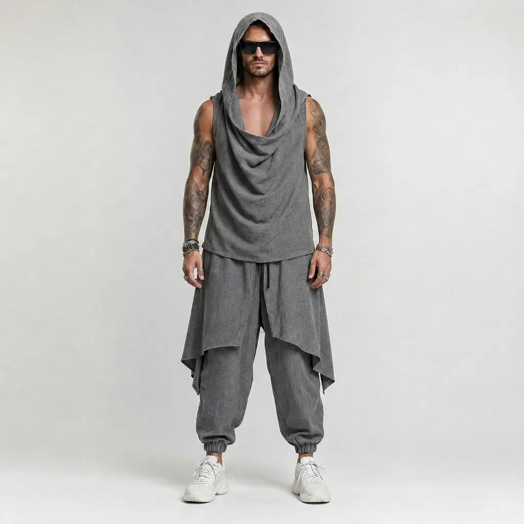 INCERUN Men's 2-Piece Leisure Tracksuit, Solid Color Polyester Sleeveless Swing Collar Hooded Top and Patchwork Pants, Menswear, Basic, Fabric, Mensfashion, Basics, Male, 2Xl, Plain, Woven