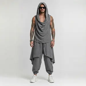 INCERUN Men's 2-Piece Polyester Solid Fabric Mensfashion Set - Sleeveless Swing Collar Hoodie Tank, Elastic Waist Patchwork Trousers for Basic Clothes, Menswear Clothing Set