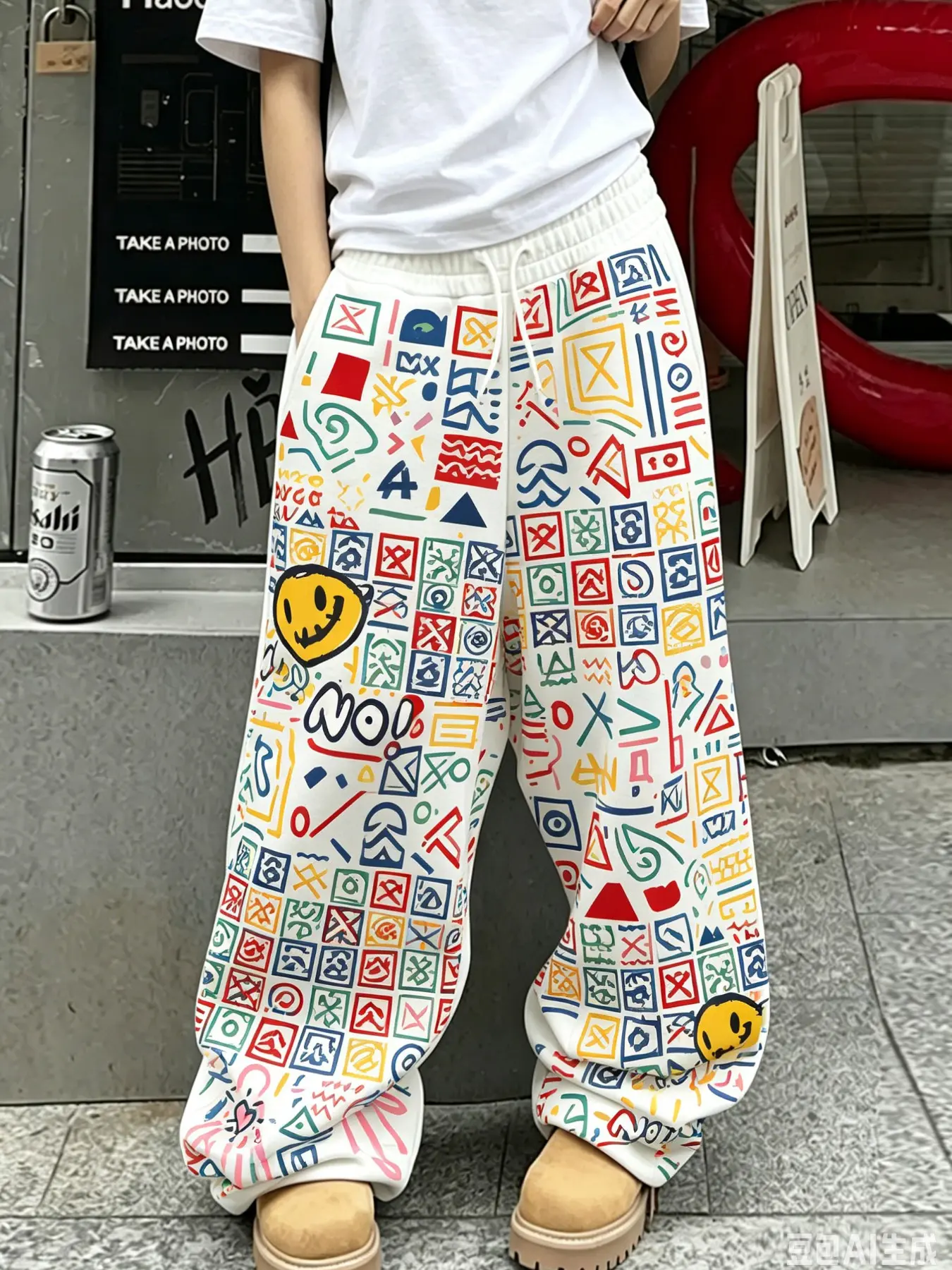 Unisex Streetwear Style Graphic Print Sweatpants, Colorful Graffiti & Smile Design, Loose Wide Leg Baggy Fit, Ideal for Campus, Street, Daily Wear