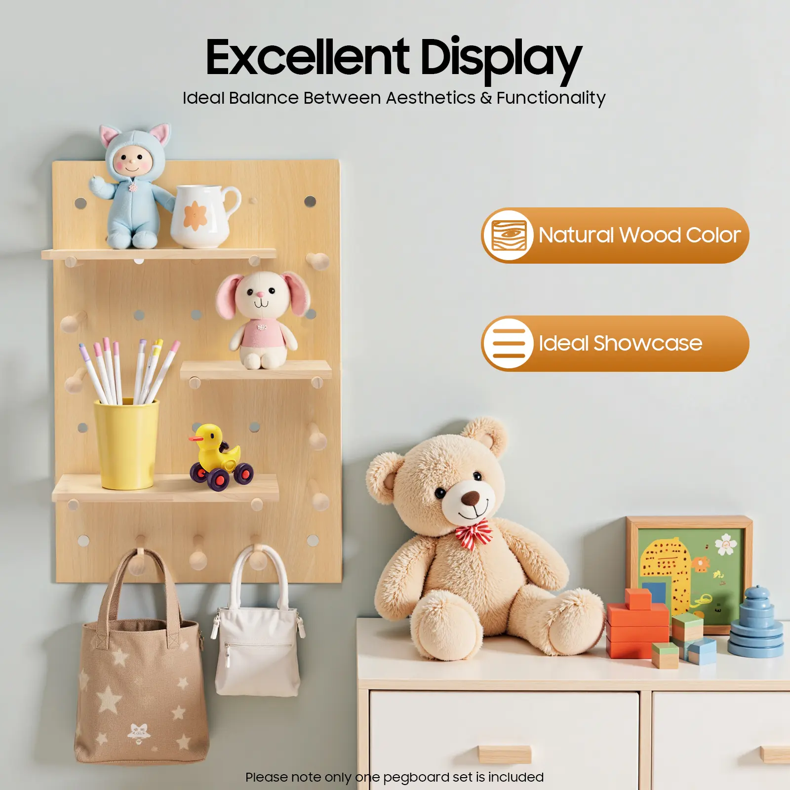 Wood Pegboard 23.62x15.75In Wall Mount 22Lbs Load Free Combination Shelf Hooks for Home Office Garage Storage Display DIY Aesthetic Corner