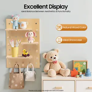 Wood Pegboard 23.62x15.75In Wall Mount 22Lbs Load Free Combination Shelf Hooks for Home Office Garage Storage Display DIY Aesthetic Corner