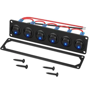 Waterproof 6 Gang Rocker Switch Panel 12V/24V Blue LED Light, On-Off Toggle Switch Panel Pre-Wired for Marine Boat Car Truck RV UTV Automotive Vehicles