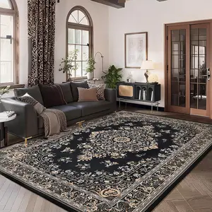 Living Room Rug Black Rugs for Living Room Non Slip Washable Area Rugs for Bedroom Faux Wool Large Carpet for Dining Room Vintage Floral Carpet for Farmhouse Home Office Decor