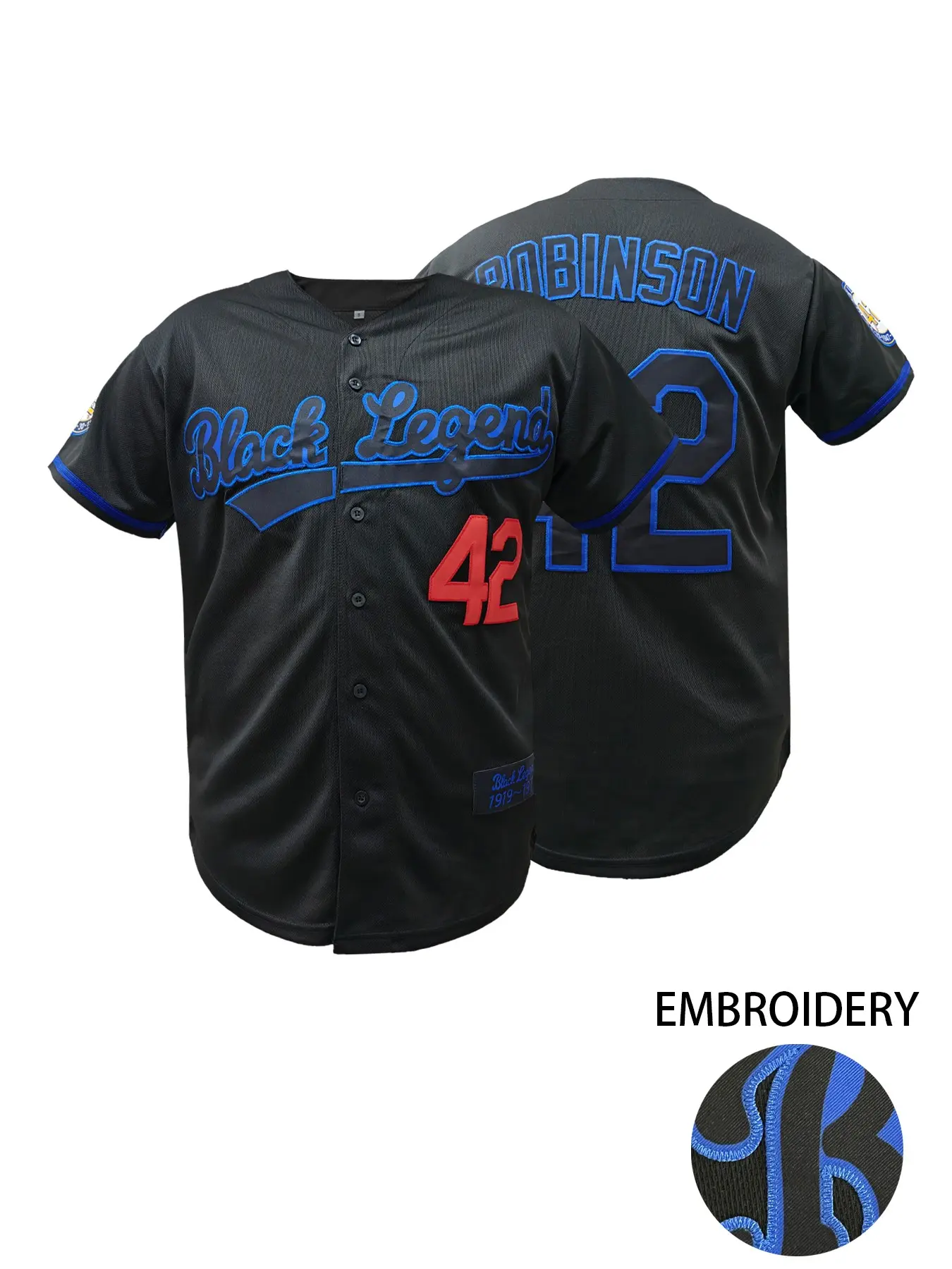Men's Black Legend #42 Embroidered Baseball Jersey, V-Neck Short Sleeve Button Up Tee, Breathable & Comfortable Baseball Shirt, Unisex for Outdoor Sports & Games, All Seasons Wear, Embroidery Sportswear, Sports Clothing