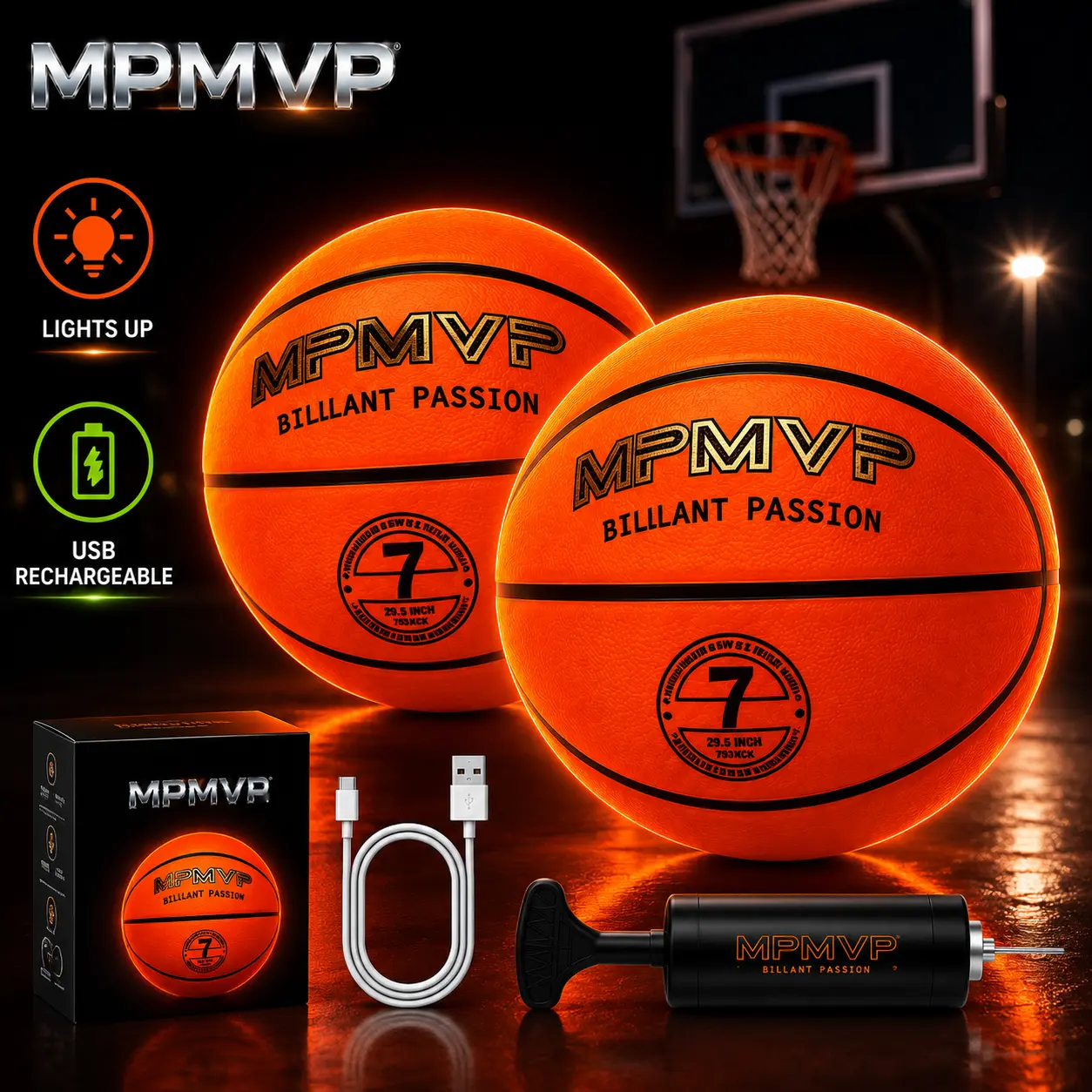 MPMVP LED Basketball Rechargeable, Impact Activated Light Up Basketball Size 7, Water-Resistant USB Rechargeable Basketball with Pump, Professional Night Training Ball,sport gift