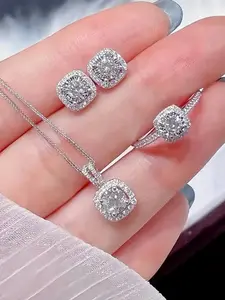 Elegant Square Rhinestone Jewelry Set (earrrings + Necklace + Ring), Luxurious Design for Women, Perfect Gift for Daily Wear, Parties, Weddings