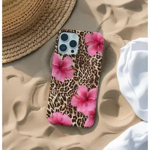 for iPhone13-Glossy.Leopard & Pink Hibiscus Phone Case, Tropical Floral, Animal Print Cover, iPhone 16 15 14 13 12 Pro Max Plus Samsung Galaxy S24 S23 S22 S21
