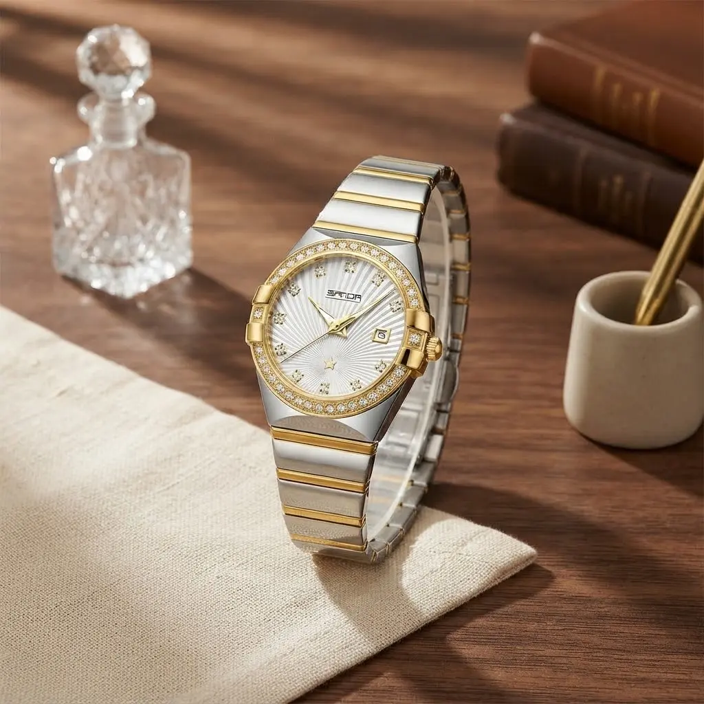 Women Quartz Watch Rhinestone Bezel Analog Wristwatch with Sunray Dial Date Display Luminous Hands Stainless Steel Band Elegant Casual Dress Watch for Daily Wear