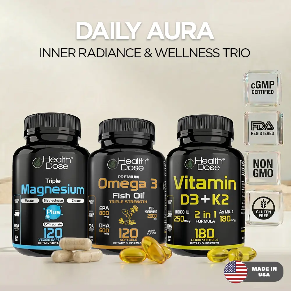 HealthDose Daily Aura Wellness Trio & Inner Radiance (Triple Magnesium, Omega 3, Vitamin D3+K2)