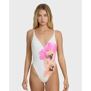 BILLABONG Women's Sunny Shore Deep V One-piece Swimsuit, Logo Embroidery, Beach