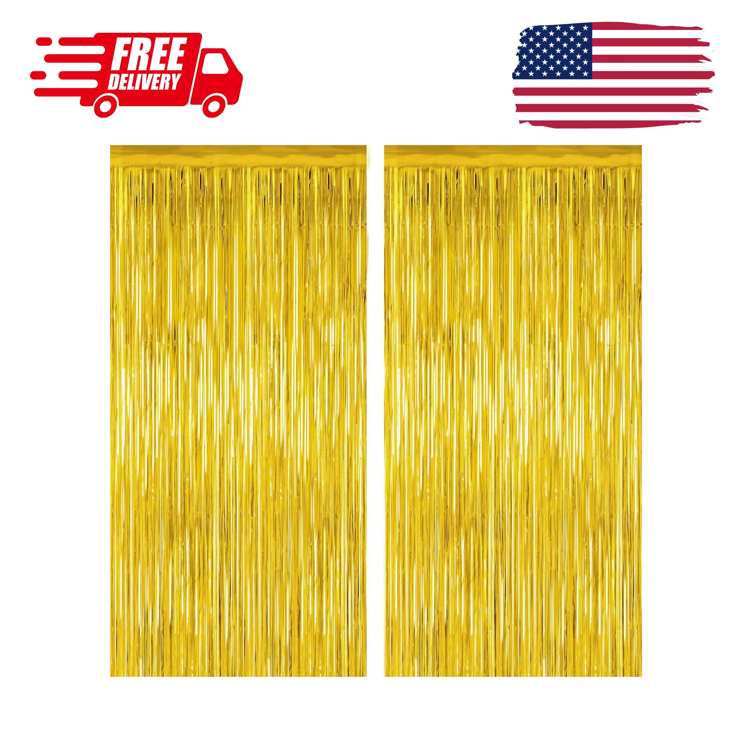 2 Pack Gold Tinsel Backdrop, 3.28 FT x 7.05 FT Metallic Fringe Curtain, Gold