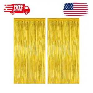 2 Pack Gold Tinsel Backdrop, 3.28 FT x 7.05 FT Metallic Fringe Curtain, Gold