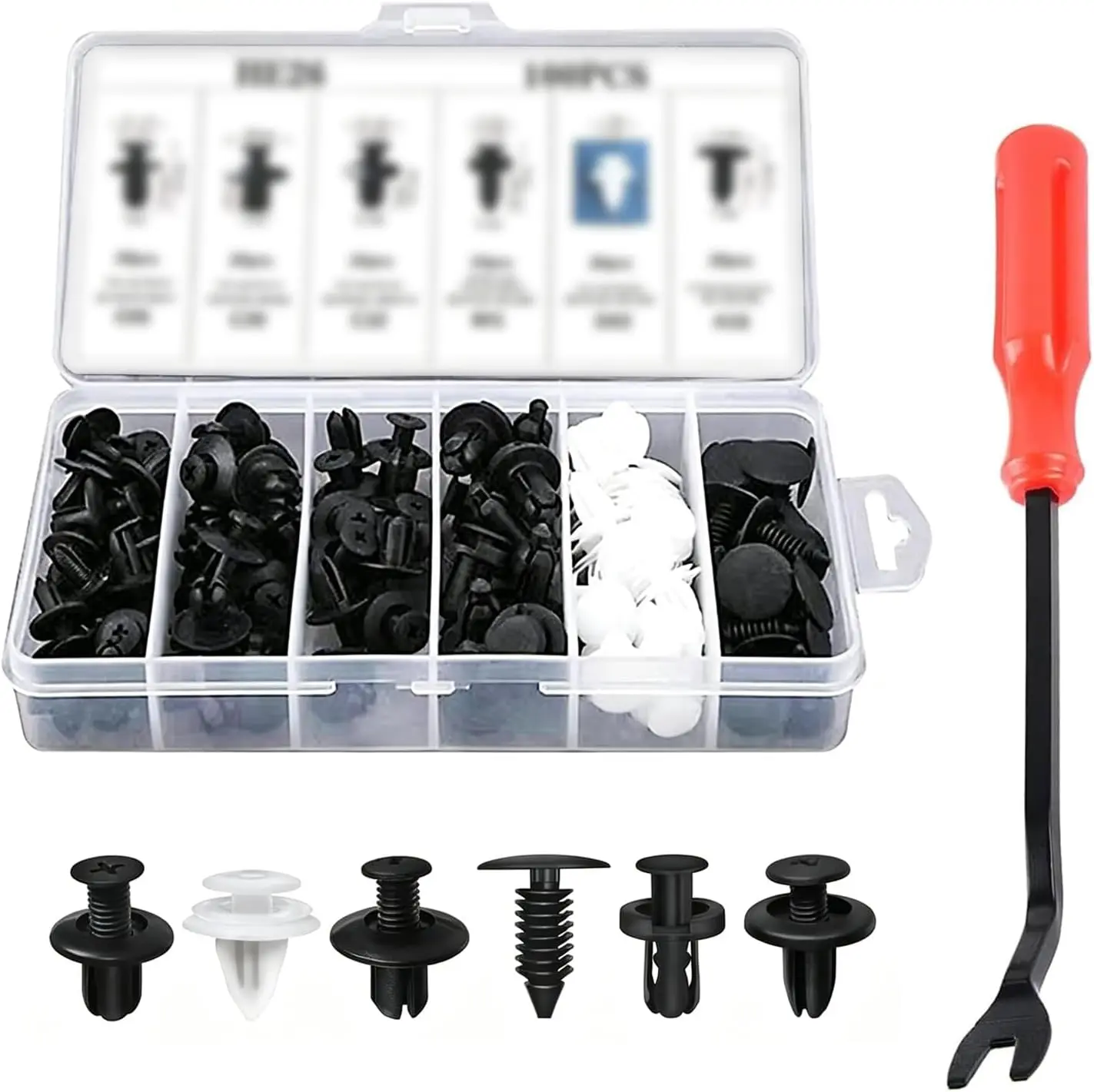 100 PCS Multi-Size Car Plastic Push Rivet Bumper Retainer Clips Kit with Quick-Install Fastener Remover Tool for Toyota, GM, Ford, Honda, Acura, Chrysler Door Trim Panels
