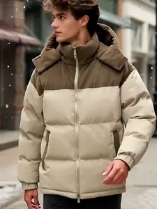 Winter Hooded Casual Fleece-Lined Men's Jacket with Detachable Cap Quilted Colorblock Cotton-Padded Warm Windproof Couple's Coat Top Western Outfits Men Long Sleeve