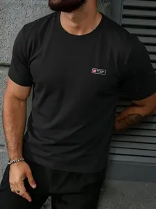 Sport Brand Menswear Men's Black Short-Sleeve T-Shirt, Casual Daily Wear, Comfortable Fit, Chest Logo Patch tiktok fashionable