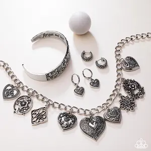 Glimpses of Malibu - Complete Trend Blend Silver Heart Charm Bracelet Ring Earrings Set Paparazzi Jewelry