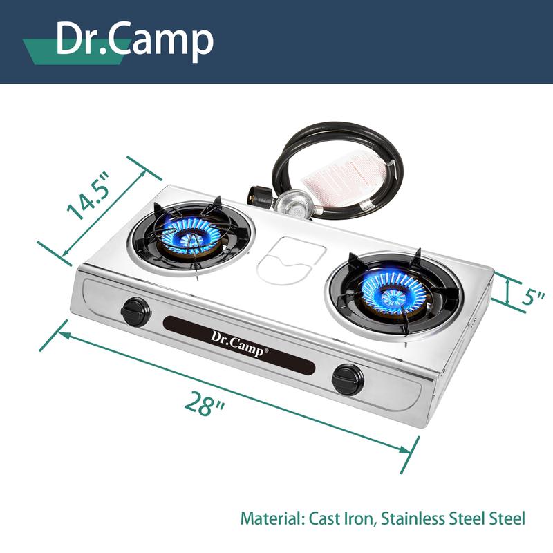 Dr.Camp 30000 BTU 2 burner outdoor garden camping camp hiking propane stove cooker grill with CSA listed regulator and gas hose, gray color