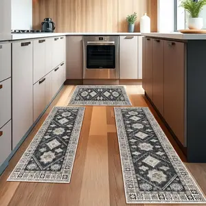 Bohemian Vintage Geometric Pattern Kitchen Rug Set, Non-Slip Mat, Easy Clean Home Decor for Bathroom & Hallway, Bohemian Style Rugs, Kitchen Floor Mat