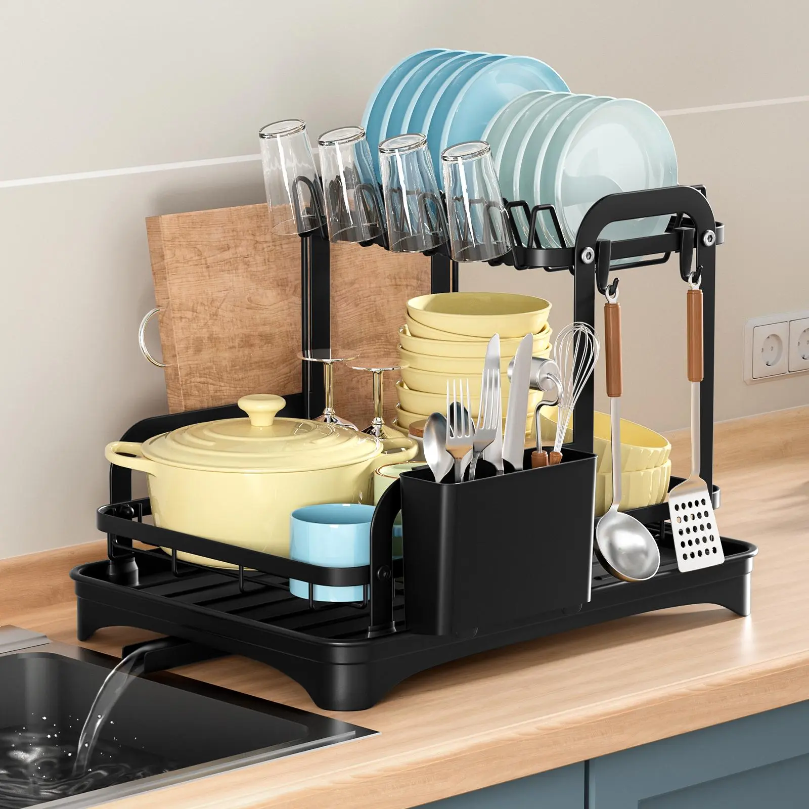 Kitchen Countertop Dish Drying Rack, Dish Drying Organiser, 1 Count 2-tier Large Capacity Dish Storage Rack with Utensil Holder, Modern Cutlery Rack with Drainboard, Summer Essentials