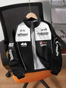 Colorful splicing Patchwork Bomber men's racing themed letter printed long sleeve jacket, a casual, Fitted motorcycle jacket suitable for daily sports and outdoor activities, Coats, Menswear, Biker Jackets