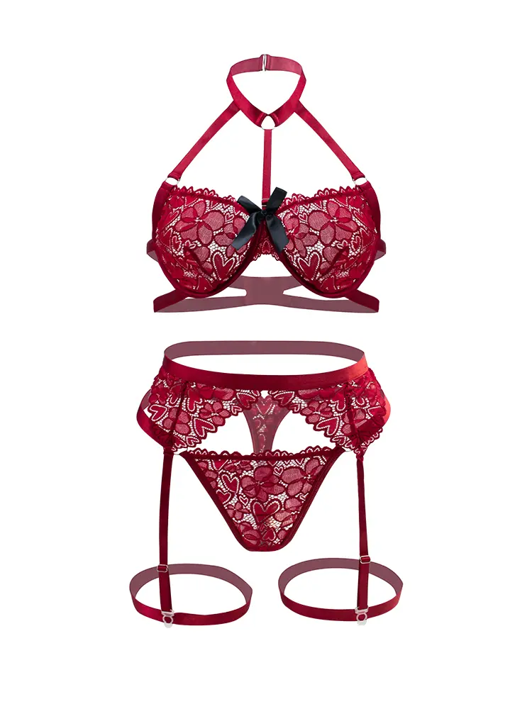 Wine Red Halter Strap Lace Garter Lingerie 3 Piece Set, Bow Decor Underwire Push Up Bra & Garter Belt Outfit, Retro Red Sheer Floral Lace Boudoir Lingerie Set, Cutout Waist Belt With Thigh Ring Women Lace Loungewear sexy cosplay wear mesh lingerie strappy