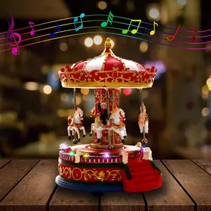 Christmas Carousel Figurines Decoration Christmas Village House Musical Carousel with 6 Moving Horses Go Round, 8 Music Snow Globe Music Box for Girls and Boys Kids