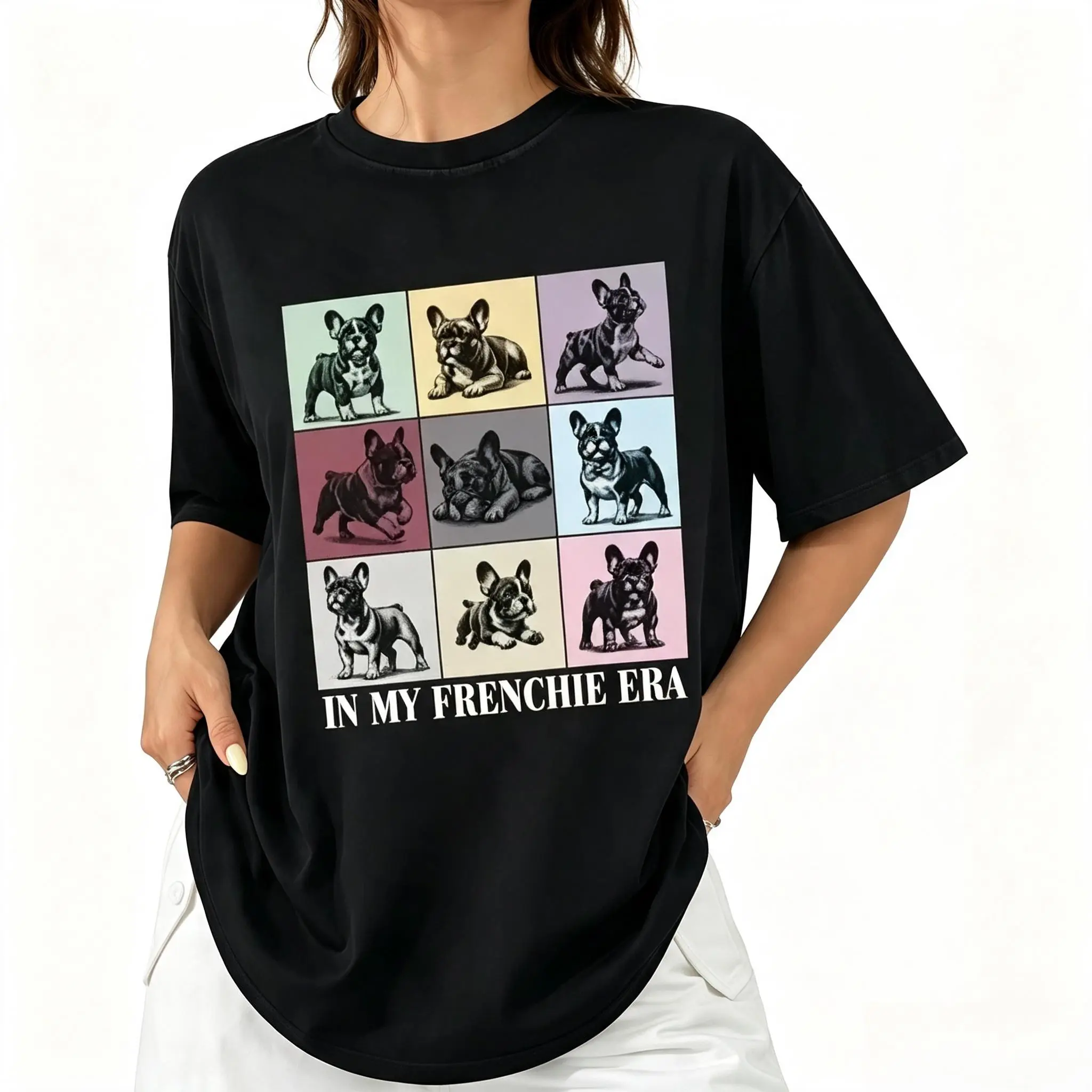 In My Frenchie Era Vintage Washed T-Shirt, French Bulldog Grid Print Retro Tee, Heavyweight Cotton Oversized Crew Neck Top for Dog Lovers summerwins,