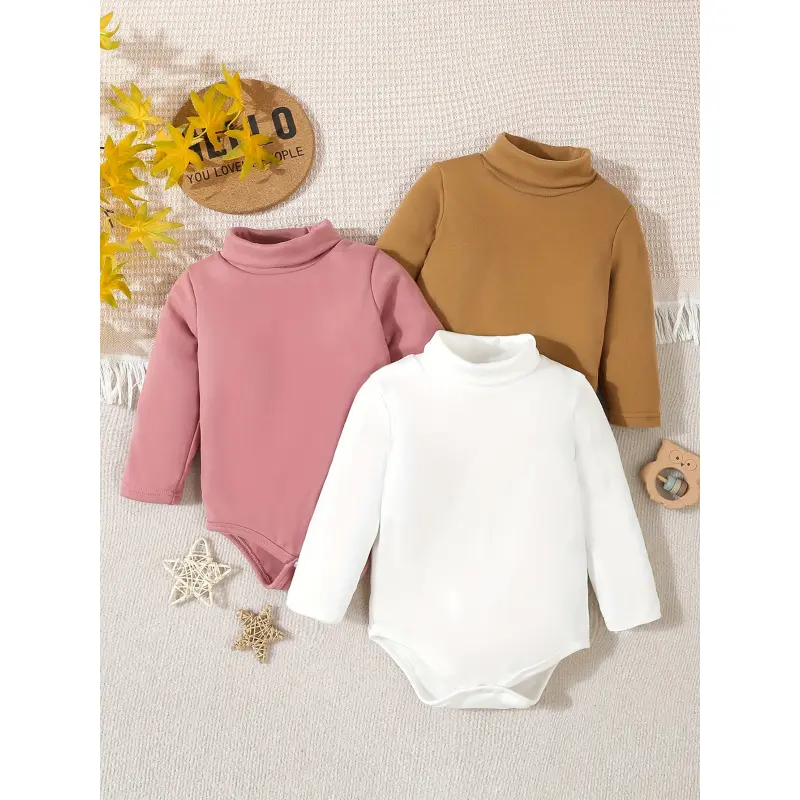Toddler Girls' 3-Pack Basic Plain Mock Neck Solid Long Sleeve Triangle Romper Bodysuit - Polyester-Elastane, Buttons, Crocheting Knit Details, 0-3 Years Baby Girl Clothes, Casual Spring-Autumn Outdoor Wear, Hand Wash Only