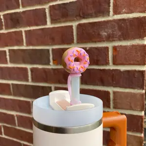 Strawberry Frosted Sprinkle Donut Straw Toppers and Charms for Stanley Tumbers & 9.5mm Straws with Durable PLA Design - Stylish, Beverage
