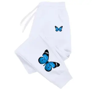 Butterfly Printing Womens Sweatpants - White Elastic Waist Trousers with Butterfly Design for Casual Wear - Bottom, Womenswear