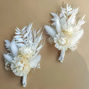 Dried Flowers Boutonniere for Men Wedding 2 Pieces Set Groomsmen Boutonniere Boho Fall Rustic White Wedding Decorations.(Beige)