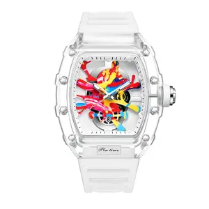 Pintime Fashion Sports Watch Men Transparent Richard Kongo Tonneau Quartz Waterproof Mens Watches  Casual Dress Luxury Relogio Masculino