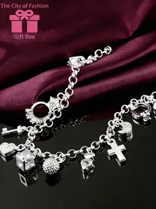 1pc 925 Sterling Heart Key Pendant Bracelet, Charm Bracelets, 13 Small Pendants, Bohemian Style, Women's Jewelry Accessories, Suitable for Wife, Girlfriend, Birthday Gift, Jewelry Gifts, Bangle