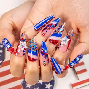 4th of July Press-On Nails,3D Rhinestone Pearl Star Accents,Handmade Custom Acrylic Fake Nails for Independence Day,Firework Party