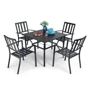 PHI VILLA 5 Piece Outdoor Dining Table Set for 4, 37” Square Metal Dining Table with Umbrella Hole & Stackable Steel Chairs for Patio, Deck, Yard Furniture