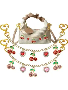 Rhinestone Cherry Heart Bag Chain Charms, Sparkling Crystal Cherry & Heart Bag Charm Pendants, Gold Heart Clasp Bag Chain Accessories, Sweet Coquette Bag Decoration Keychain, Ideal Fashion Gift for Trendy Girls & Women