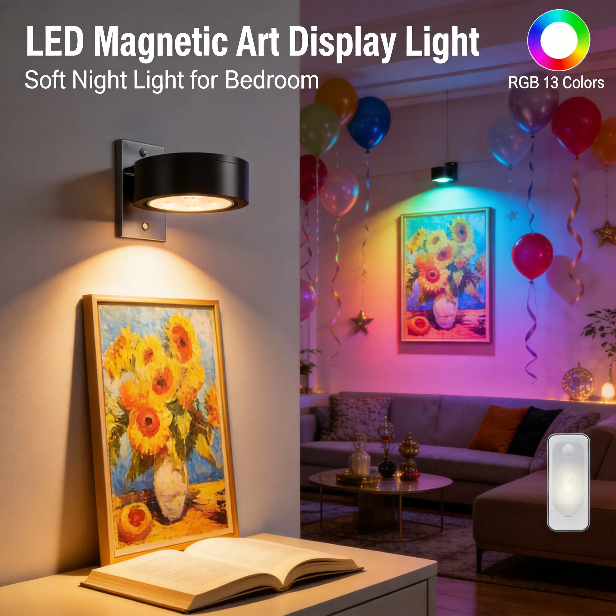 3-Pack Rechargeable Gradient RGB Magnetic Art Display Lights with Remote Control, 13-Color Dynamic Atmosphere Decor Lamps, Compact Puck Lights with Metal Stands for Indoor Home Decoration & Photo Frames, Dynamic Light