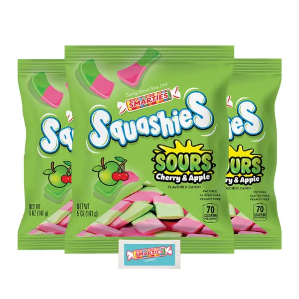 Smarties Squashies Foam Gummy Candies & Smarties Sample Packet Variety-Pack - Sour Cherry & Apple Flavored - Peanut Free & Gluten Free Candy - Soft & Chewy Squashies Candies for Parties & Birthdays - 5 oz Bags