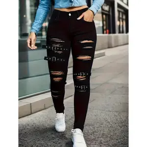 Women's High-Waist Black Skinny Jeans with Unique Buckle Detail - Stretch Denim, Distressed Look, Machine Washable - Perfect for Spring & Autumn Fashion, Plus Size Jeans Bottoms Womenswear