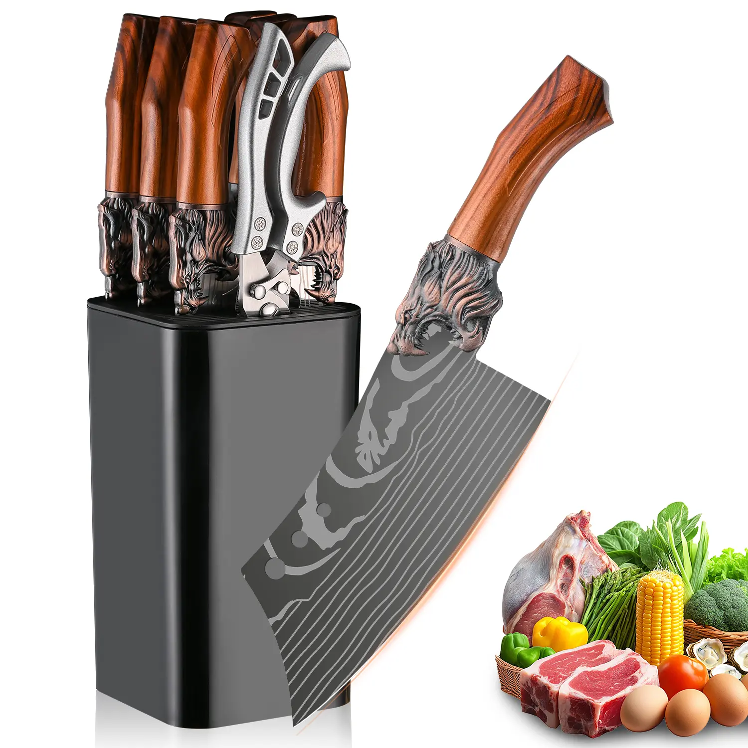 7-Piece Light Luxury Steel Knives Kitchen Set with Lion Head Motif Handle, Household Multi-Purpose Knife Block Set for Slicing, Dicing, Filleting Bones - Covers All Kitchen Cutting Needs (Damascus-Pattern Design)