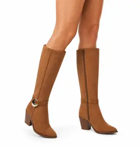 Women’s Knee High Brown Boots Block Heel Buckle Zip Memory Foam Comfort Tall Boots