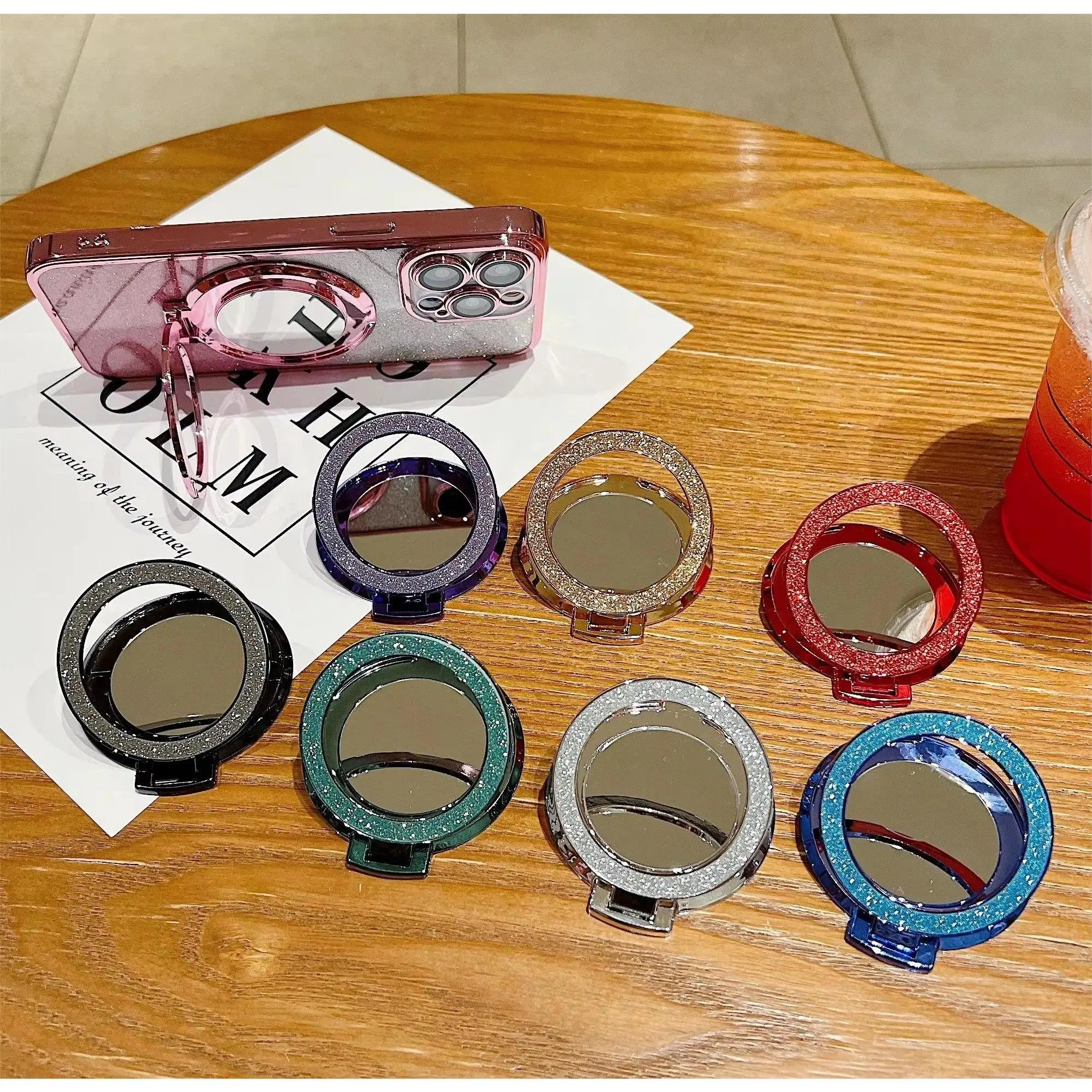 New Ring Grip Phone Holder Rotating Round Mirror Glitter Bling Holder for iPhone Redmi Samsung Mobile Phone Holder