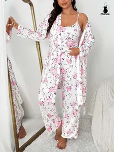 Plus Size Floral Print Robe Set for Women, Fashion Sleepwear, Elegant Comfortable Sleepwear, Sleeveless Top & Long Pants, Spring & Fall Home Wear
